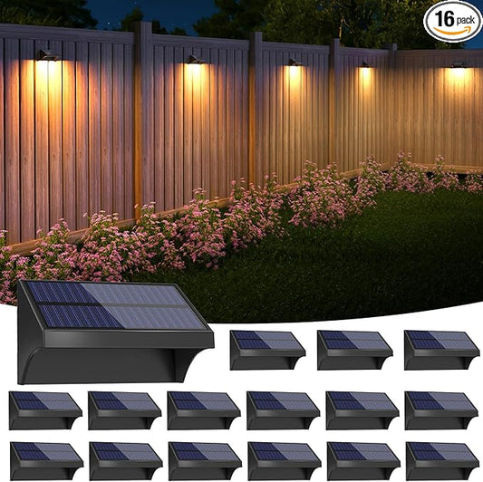 NIORSUN Outdoor Fence Lights, 16 Pack Waterproof LED Solar Fence Lights with 1500mAh Battery, Warm White/Cool White/RGB, Easy-to-Install Wall Light for Deck, Patio, Railing, Stairs, Backyard – Black