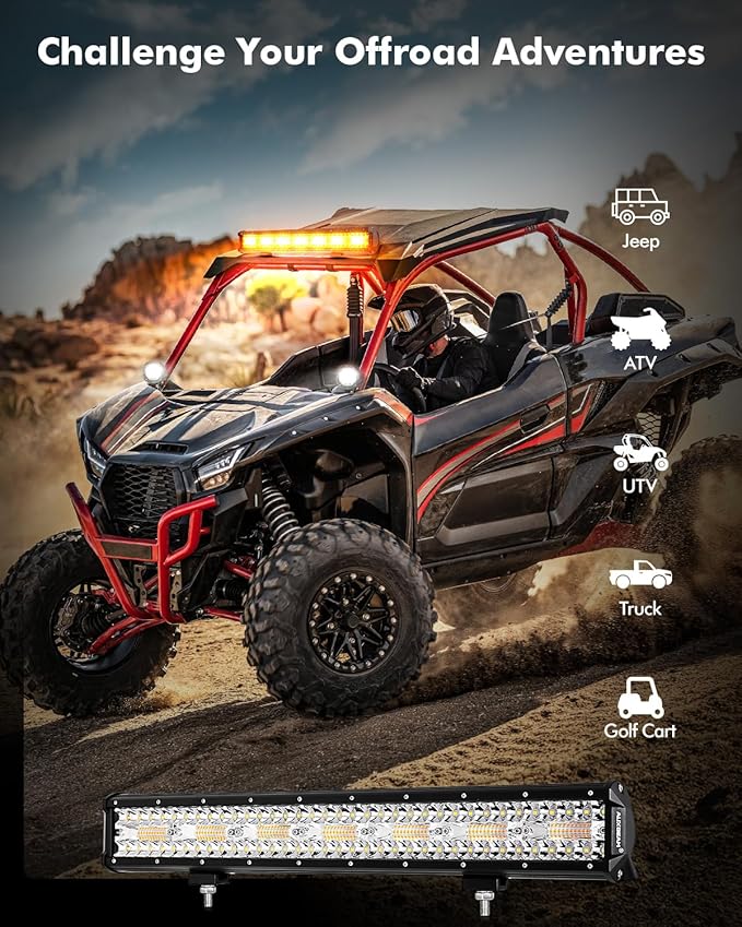 Auxbeam 6 Modes Amber White Series, 20 Inch LED Light Bar 420W, Strobe Light Flashing Warning Emergency, Spot Flood Combo Off Road Light for Trucks, Cars, ATVs, UTVs, Boats