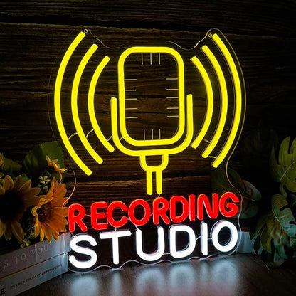 Recording Studio Neon Sign Microphone LED Light for Music Room Decor, Vintage Mic Wall Art for Home Studio Podcast Room, Singer Musician Gifts, Karaoke Bar Wall Decoration(12.2 * 14.5inch)