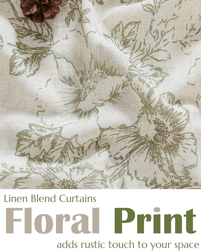 jinchan Floral Linen Tier Curtains 24 Inch Farmhouse Cafe Curtains Tie Top Botanic Drapes for Small Windows Over Sink for Kitchen Country Rustic Laundry Room Bathroom RV 2 Panels Green on Beige