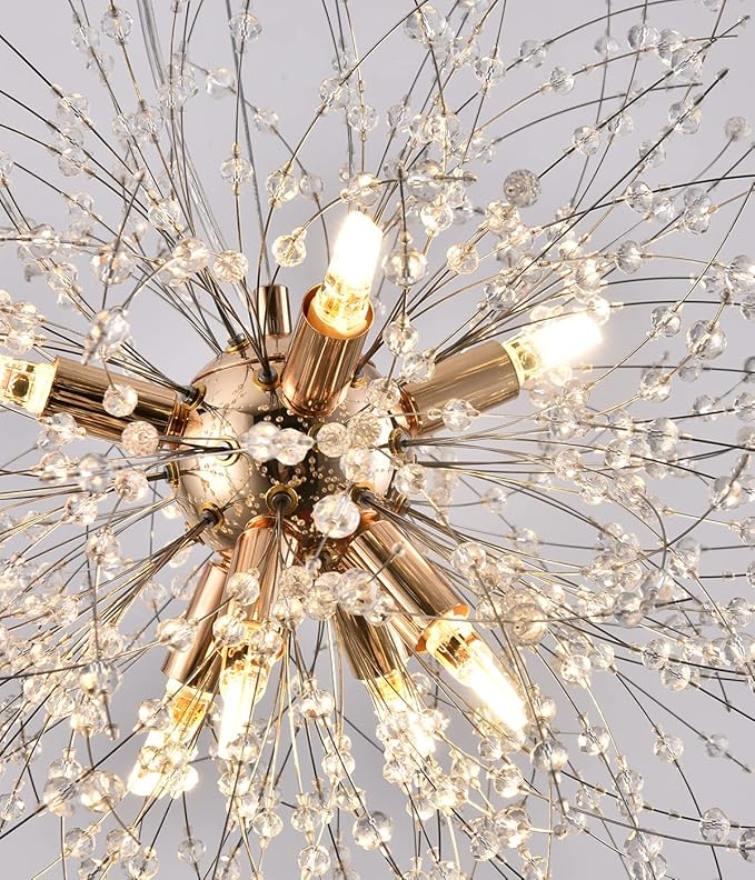 Firework Crystal Chandeliers, 8-Light Gold Dandelion Chandelier Lighting, 15.7" Stainless Steel Small Sputnik Chandelier Lights for Kitchen Island Bedroom