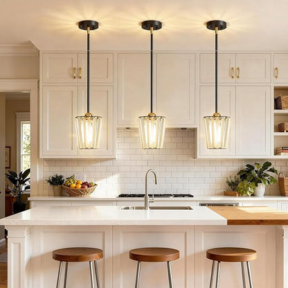 3 Pack Crystal Pendant Lights Kitchen Island - Modern Black and Gold Pendant Light Mini Adjustable Hanging Pendant Lights for Kitchen Island Dining Room Foyer Hallway