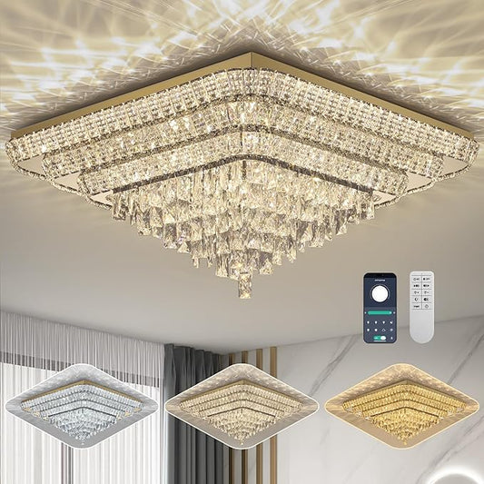 Miuyhji Elegant LED Gold Crystal Raindrop Ceiling Light,30 Inch Square Flush Mount Chandelier with Remote for Living Room Kitchen Island Bedroom Hallway Entryway Foyer (Dimmable)