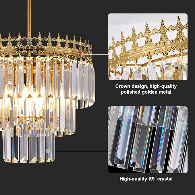 16'' Gold Crystal Chandelier,6-Light Modern Chandeliers for Dining Room,3-Tiers Round Metal Pendant Light Fixture for Kitchen Island Living Room Bedroom Entryway