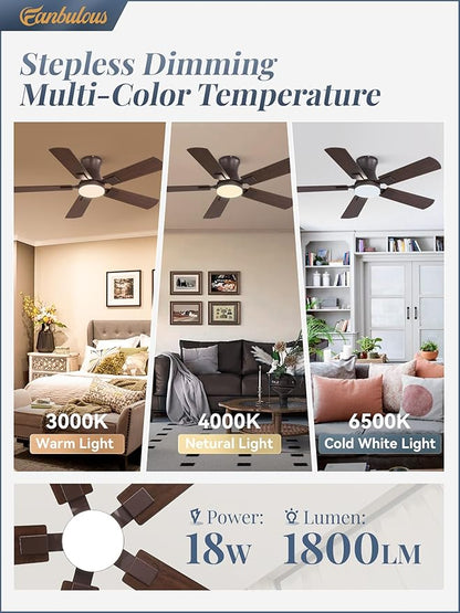 Fanbulous 42 inch ceiling fan with light, Low Profile Ceiling Fan with Light, App&Remote Control, Dimmable LED Light, Flush Mount Ceiling Fan for Indoor Bedroom Living Room, Qiuet DC Motor