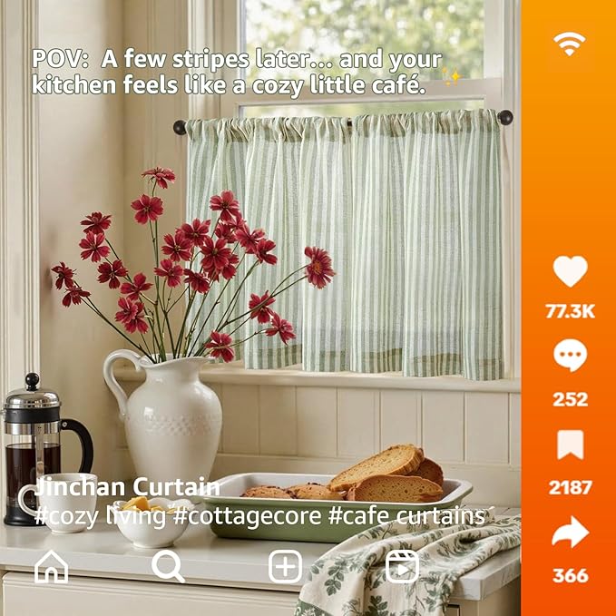 jinchan Striped Linen Kitchen Curtains 20 Inches Length Tier Curtains Farmhouse Modern Cafe Style Small Window Treatments Airy Light Filtering Rod Pocket for Living Room Bathroom 2 Panels Sage Green