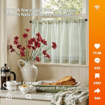 jinchan Striped Linen Kitchen Curtains 20 Inches Length Tier Curtains Farmhouse Modern Cafe Style Small Window Treatments Airy Light Filtering Rod Pocket for Living Room Bathroom 2 Panels Sage Green