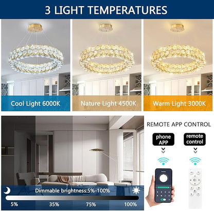 Modern Crystal Chandelier Ring Chandeliers for Dining Room Living Room Round LED Dimmable Ceiling Light Fixture for Bedroom Hallway Foyer Gold