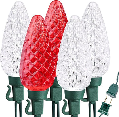 Brizled Red & White Christmas Lights, 33ft 50 LED Faceted C9 String Lights Outdoor, Linkable Christmas Tree Light, UL Certified Indoor Xmas Light Waterproof for House Roof Xmas Valentine's Day Party