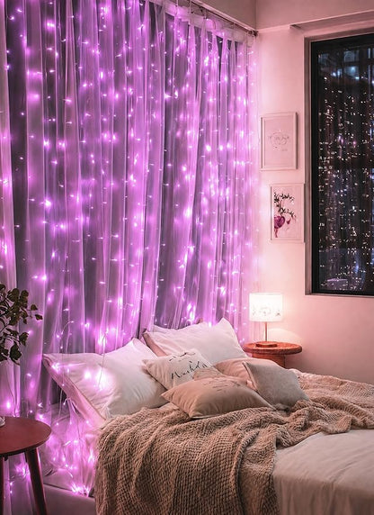 Brightown 300 LED Pink Fairy Curtain Lights, 9.8ft x 9.8ft String Lights, USB Plug in 8 Lighting Modes Christmas String Hanging Lights with Remote for Bedroom Indoor Outdoor Party Xmas Pink 1 Pack