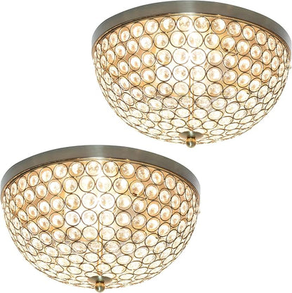 Elegant Designs FM1000-ABS-2PK Elipse Crystal 13 Inch Modern Metal 2 Light Bowl Shaped Ceiling Flush Mount Fixture 2 Pack, Antique Brass