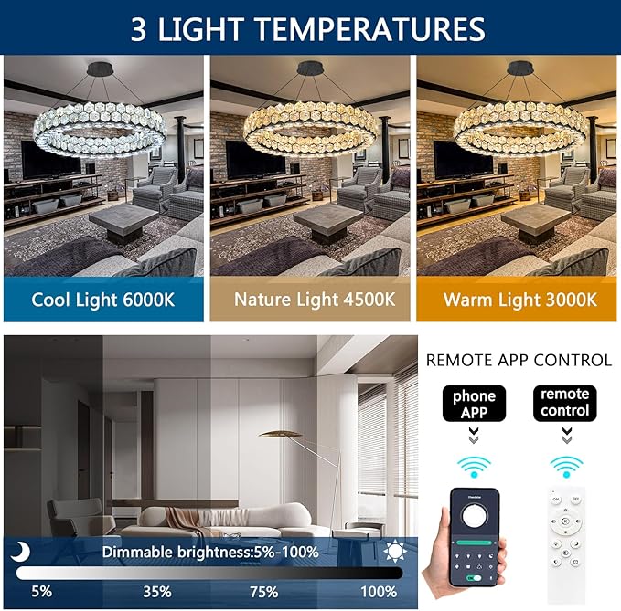 Modern Ring Chandelier, Crystal Chandeliers for Dining Room Round LED Ceiling Light Fixture for Living Room Bedroom Lighting Dimmable with Remote Black
