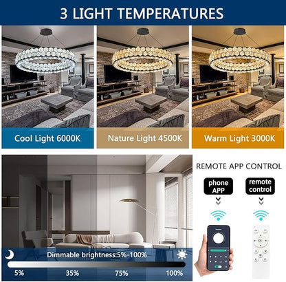 Modern Ring Chandelier, Crystal Chandeliers for Dining Room Round LED Ceiling Light Fixture for Living Room Bedroom Lighting Dimmable with Remote Black