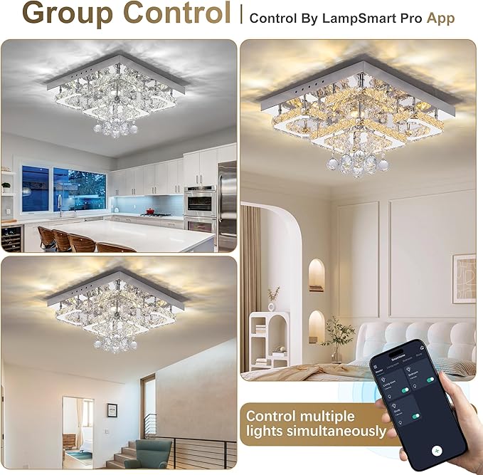 18 inch Flush Mount Chandelier Crystal Ceiling Light with Remote Control/APP,3CCT Dimmable&Brightness Adjustable, Modern Crystal Raindrop Silver Chandeliers for Bedroom Hallway Dinning Room LivingRoom