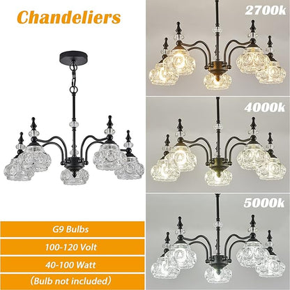 Vintage 5-Light Chandelier Black Kitchen Pendant Light Fixtures Finish with Crystal Glass Shade for Living Room Dining Room Bedroom Chandelier Over Table