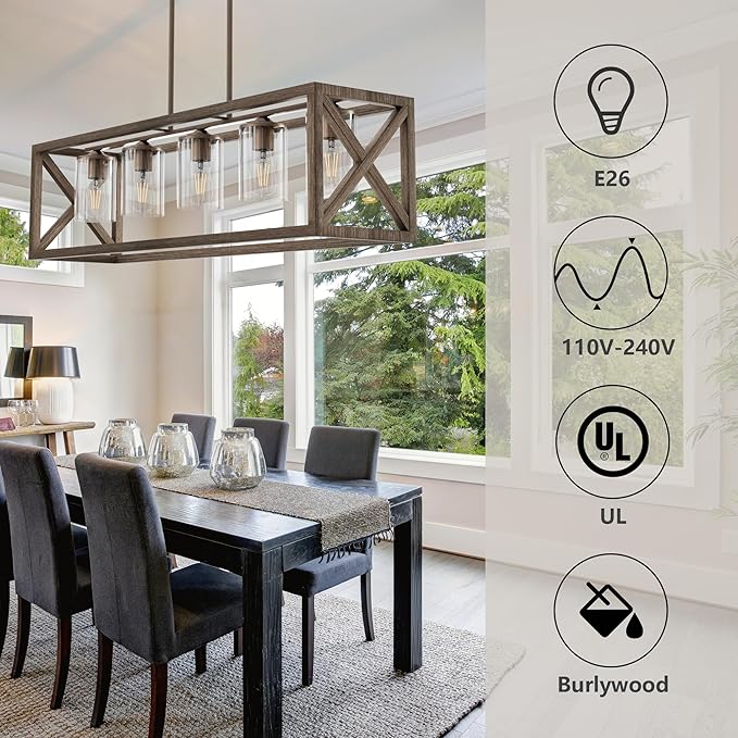 Upgraded Burlywood Dining Room Light Fixture - 5 Light Rectangle Light Fixtures with Clear Glass Shade& Adjustable Height& Thickened Metal Dining Table Lights Fixture Chandeliers for DiningRoom