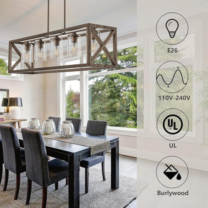 Upgraded Burlywood Dining Room Light Fixture - 5 Light Rectangle Light Fixtures with Clear Glass Shade& Adjustable Height& Thickened Metal Dining Table Lights Fixture Chandeliers for DiningRoom