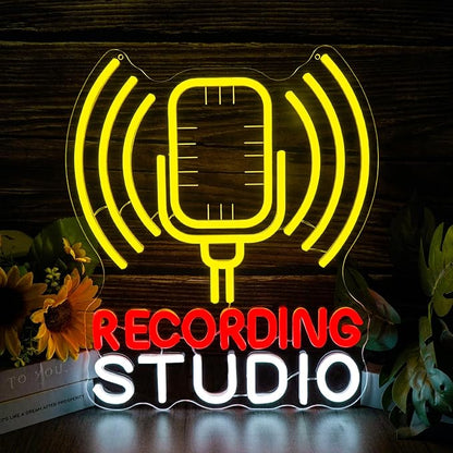 Recording Studio Neon Sign Microphone LED Light for Music Room Decor, Vintage Mic Wall Art for Home Studio Podcast Room, Singer Musician Gifts, Karaoke Bar Wall Decoration(12.2 * 14.5inch)