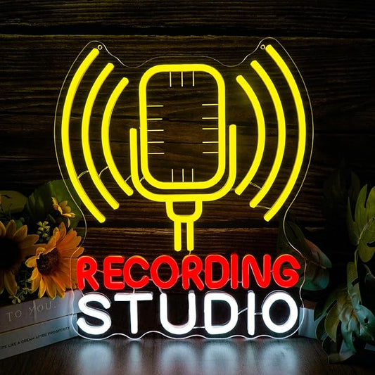 Recording Studio Neon Sign Microphone LED Light for Music Room Decor, Vintage Mic Wall Art for Home Studio Podcast Room, Singer Musician Gifts, Karaoke Bar Wall Decoration(12.2 * 14.5inch)