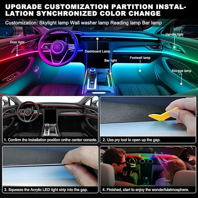 Dreamcolor Acrylic Interior Car LED Strip Light with Wireless APP, RGB 18 in 1 with 175 inches 612 LEDs Fiber Optic Strip Lights for Car, Dual Zone Music Sync Neon Car Ambient Lighting Kits