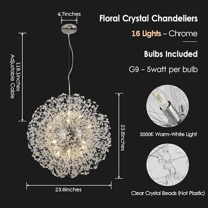 Modern Crystal Chandeliers, 16-Light Large Sputnik Pendant Chandelier for Dining Room, Chrome Firework Chandelier Hanging Light Fixture for Living Room, Foyer