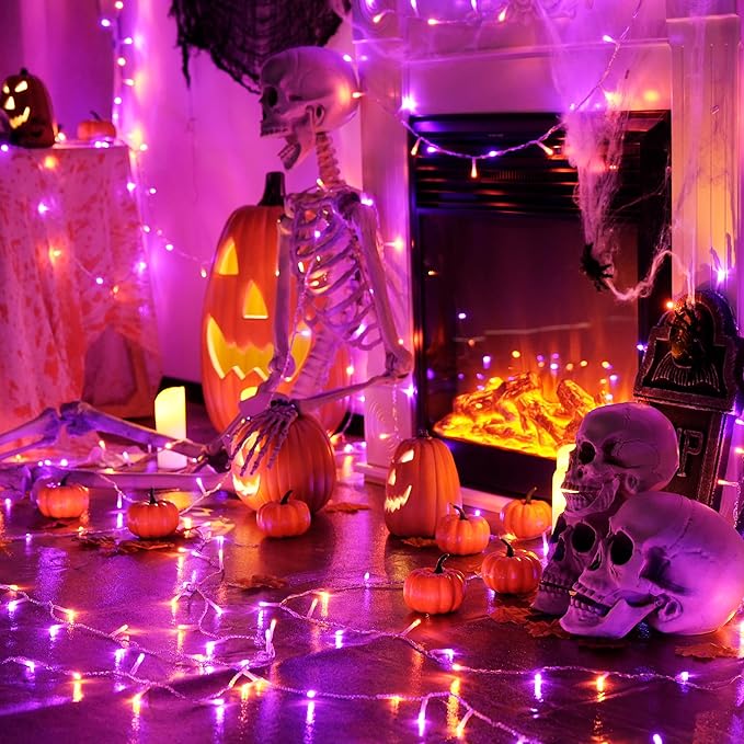 JMEXSUSS 33 FT 100 LED Halloween String Lights Indoor, Orange and Purple Halloween Lights Clear Wire, 8 Modes Outdoor Waterproof Christmas String Light Plug in