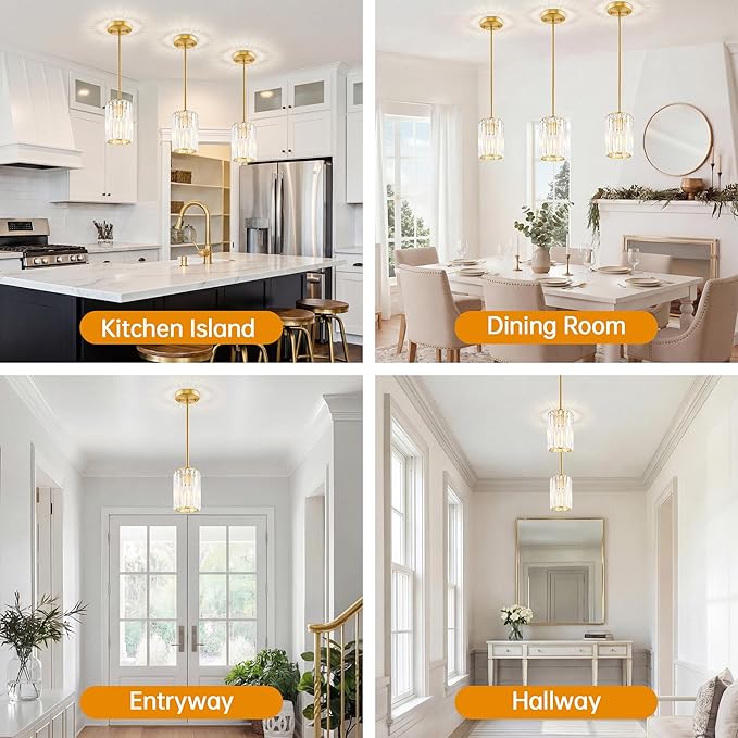 Gold Pendant Light, Modern Crystal Pendant Lights Kitchen Island, Kitchen Island Lighting with Adjustable Height, UL Certified Island Lights for Kitchen Dining Room Bedroom Hallway 1 Pack