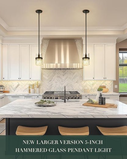 LMS 5 Inch Dia Black Pendant Light, Modern Hanging Lamp for Kitchen Island with Adjustable Rod, Medium Linear Light Fixtures with Hammered Glass, LMS-171PL-BKM