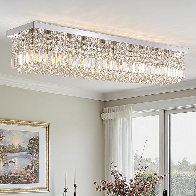 Modern Crystal Chandeliers for Dining Room Light Fixture, 10-Light Rectangle Chandelier Ceiling Light for Kitchen Island Living Room, L47.2 Inch, Chrome Finish