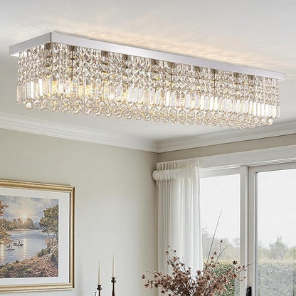 Modern Crystal Chandeliers for Dining Room Light Fixture, 10-Light Rectangle Chandelier Ceiling Light for Kitchen Island Living Room, L47.2 Inch, Chrome Finish