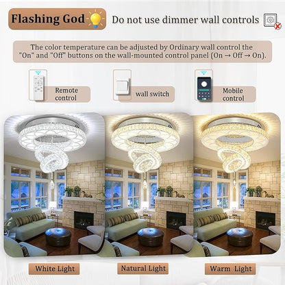 Flashing God Dia 24" Crystal Chandelier Crystal Silver Ceiling Light Fixtures LED Flush Mount Ceiling Light for Living Room Bedrooms Dining Room Dimmable 2700k 4500k 6000k