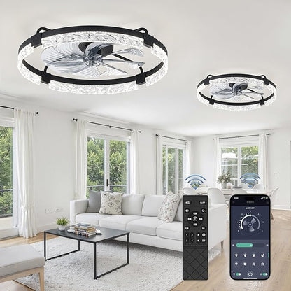 LEDIARY 2 Pack 24 Inch Low Profile Ceiling Fans with Lights and Remote, Fandelier Modern Ceiling Fan, 3000K-6000K Dimmable LED Fan Light, Black Flush Mount Ceiling Fans with Lights for Bedroom