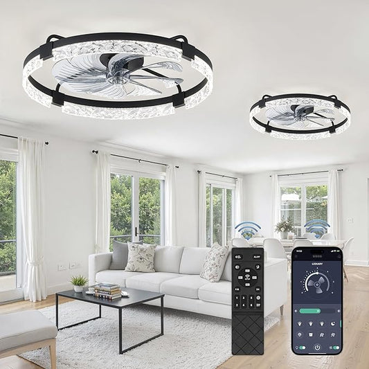 LEDIARY 2 Pack 24 Inch Low Profile Ceiling Fans with Lights and Remote, Fandelier Modern Ceiling Fan, 3000K-6000K Dimmable LED Fan Light, Black Flush Mount Ceiling Fans with Lights for Bedroom