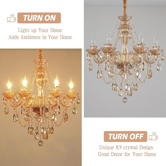 Bagood Champagne 6 Lights K9 Crystal Candle Chandeliers Lighting Modern Pendant Lights Candle Chandelier Lighting Crystal Modern Chandelier for Dining Living Room Bedroom E12 Base, H22 x W23.6 Inch