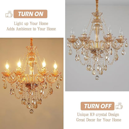 Bagood Champagne 6 Lights K9 Crystal Candle Chandeliers Lighting Modern Pendant Lights Candle Chandelier Lighting Crystal Modern Chandelier for Dining Living Room Bedroom E12 Base, H22 x W23.6 Inch