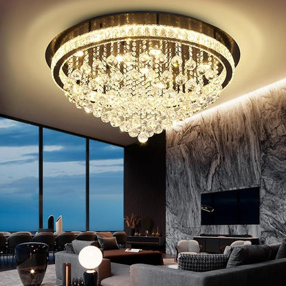 Dia 32" Modern Crystal Chandeliers for Dining Room,Black Raindrop Chandelier Flush Mount Chandeliers for Living Room Bedrooms Dining Room Dimmable 2700k 4500k 6000k