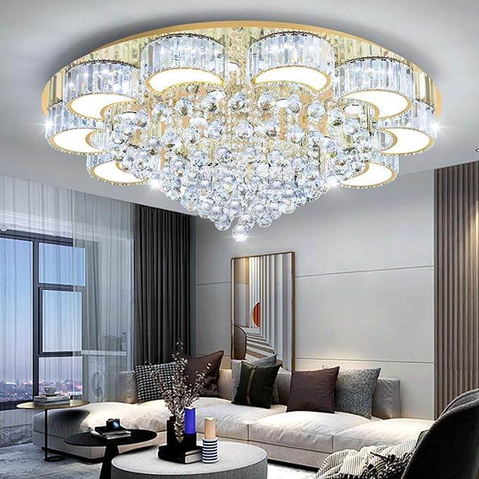 39.4" Gold Modern Crystal Chandeliers for Dining Room LED Dimmable Light Fixtures Flush Mount Light Living Room Bedrooms