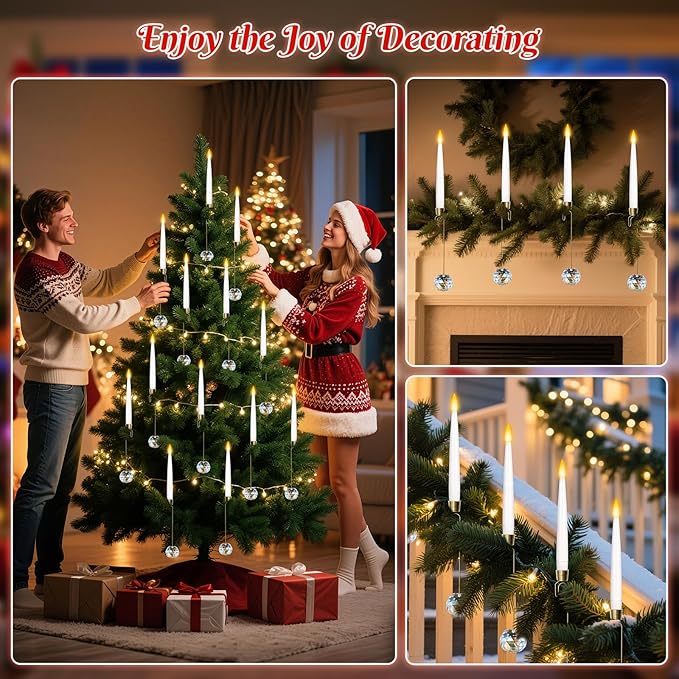 0.4" x6" LED Short Taper Candles with 12 Crystal Ball Hooks, 12 Pcs Flameless Christmas Tree Hanging Candles with Remote, Battery Operated Taper Candle for Xmas, Home, Indoor and Party