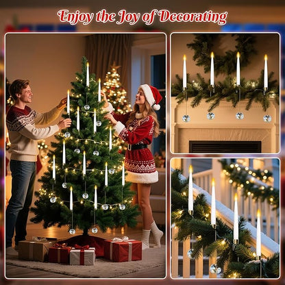 0.4" x6" LED Short Taper Candles with 12 Crystal Ball Hooks, 12 Pcs Flameless Christmas Tree Hanging Candles with Remote, Battery Operated Taper Candle for Xmas, Home, Indoor and Party