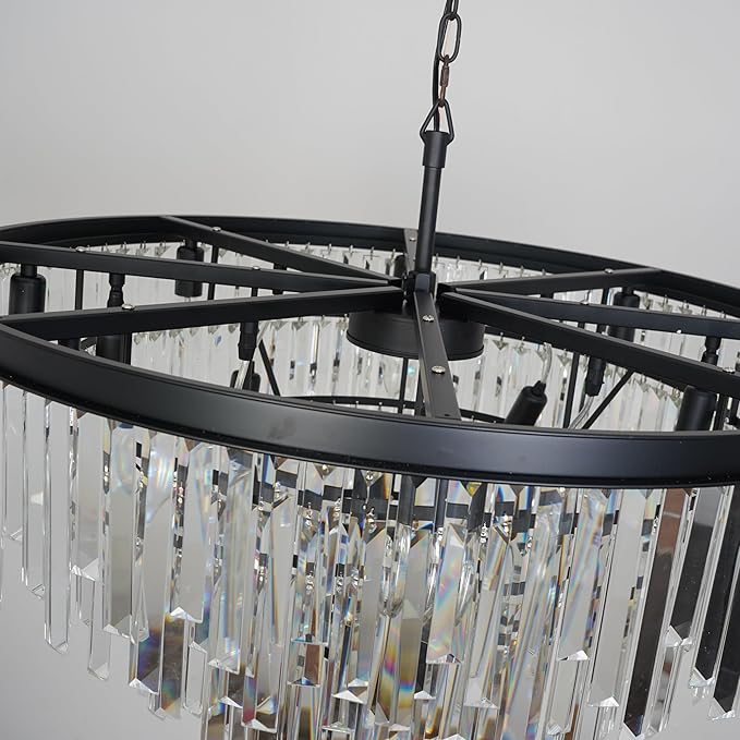 31'' Modern Crystal Chandelier, Black Round Ceiling Light with Clear Prisms, Luxury Flush Mount Lighting Fixture for Dining Room Bedroom Foyer