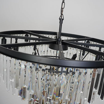 31'' Modern Crystal Chandelier, Black Round Ceiling Light with Clear Prisms, Luxury Flush Mount Lighting Fixture for Dining Room Bedroom Foyer