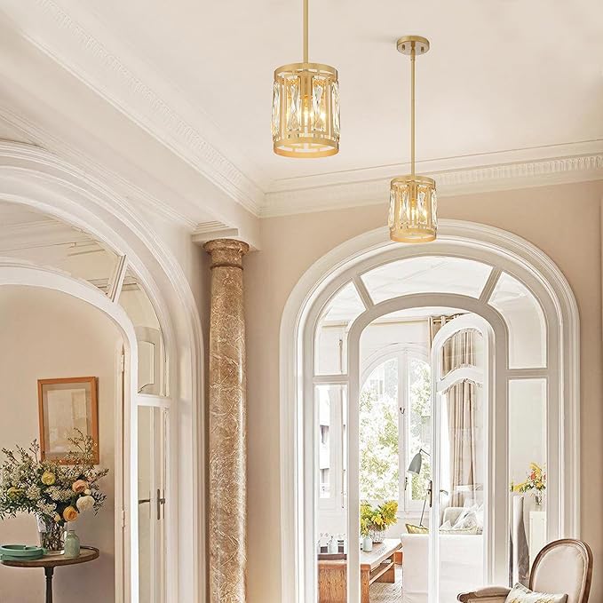 Gold Pendant Lights Kitchen Island, Crystal Pendant Light, Adjustable Hanging Light Fixture for Dining Room, Living Room, Kitchen