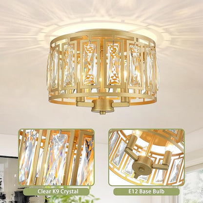 Crystal Flush Mount Ceiling Light, Gold Hallway Lights Ceiling Mounted Small Flush Chandelier for Bedroom Foyer