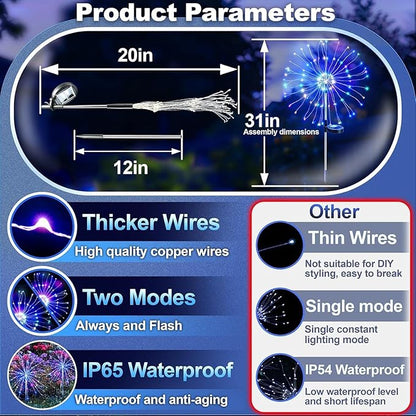 Anordsem Solar Lights Outdoor Waterproof: 6 Pack Garden Light - Bendable Copper Wire with 120 LED Firework Beads - DIY Colorful Fun Decoration for Yard Patio - Twinkle Sparkler Gifts for Women Wife