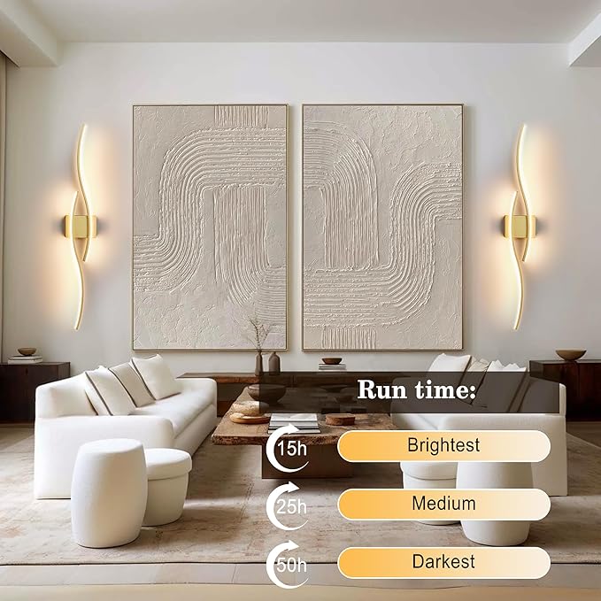 KARTOOSH Battery Operated Wall Sconces with Remote Control, Dimmable/3 Colors/Night-Light/Timer/Memory, Gold Modern Wireless LED Sconce for Living Room, Hallway, Bedroom, 39.3 Inch (1 Pack)