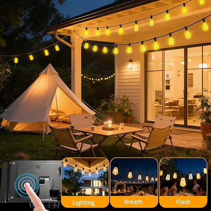Solar Lights Outdoor Waterproof: ST38 100FT 30M Shatterproof Bulbs Patio Lights - Solar Powered & USB Charging- Remote Control 3 Light Modes Dimmable Solar Light - Camping Backyard Garden