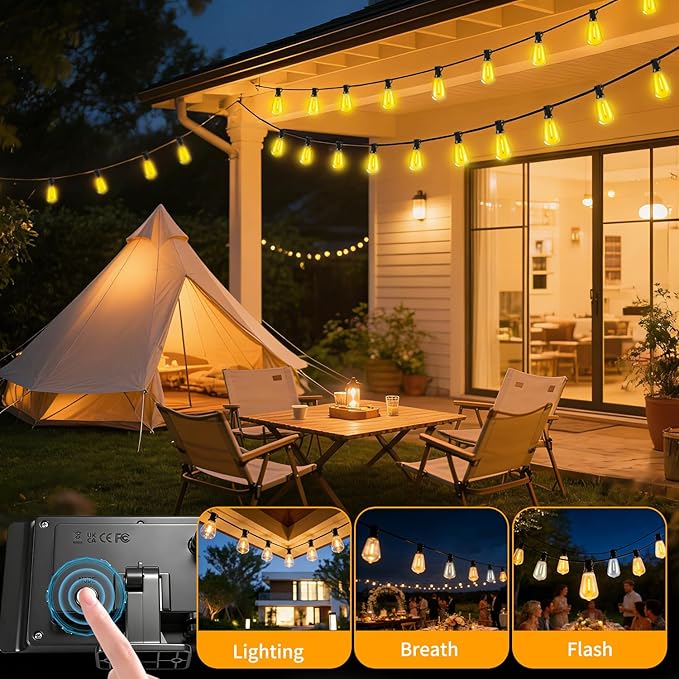 Solar Lights Outdoor Waterproof: ST38 82FT 25M Shatterproof Bulbs Patio Lights - Solar Powered & USB Charging- Remote Control 3 Light Modes Dimmable Solar Light - Camping Backyard Garden