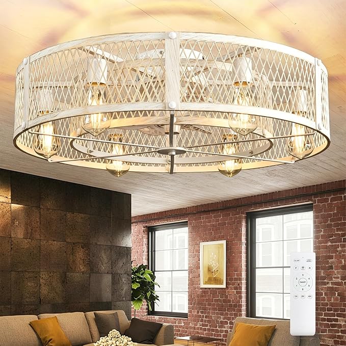 Depuley Flush Mount Ceiling Fan: 26" Caged Ceiling Fans with Lights and Remote Control for Kitchen Bedroom Farmhouse - Rustic Low Profile Ceiling Fandelier Lights Reversible 6 Speed Timer Cement