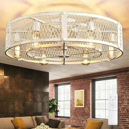 Depuley Flush Mount Ceiling Fan: 26" Caged Ceiling Fans with Lights and Remote Control for Kitchen Bedroom Farmhouse - Rustic Low Profile Ceiling Fandelier Lights Reversible 6 Speed Timer Cement