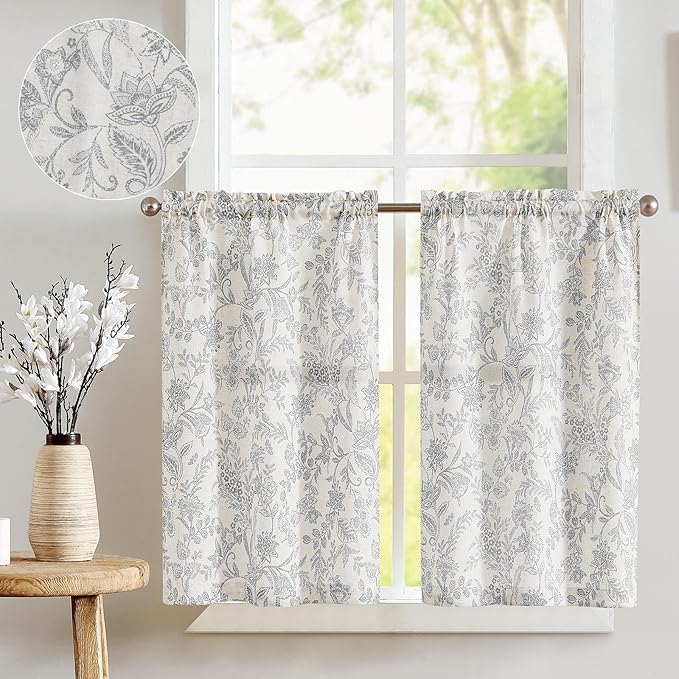 jinchan Floral Kitchen Curtains for Windows 36 Inch Gray Linen Tier Farmhouse Cafe Curtains Country Botanic Small Window Rod Pocket Rustic Flax for Laundry Bathroom RV 2 Panels Grey on Beige